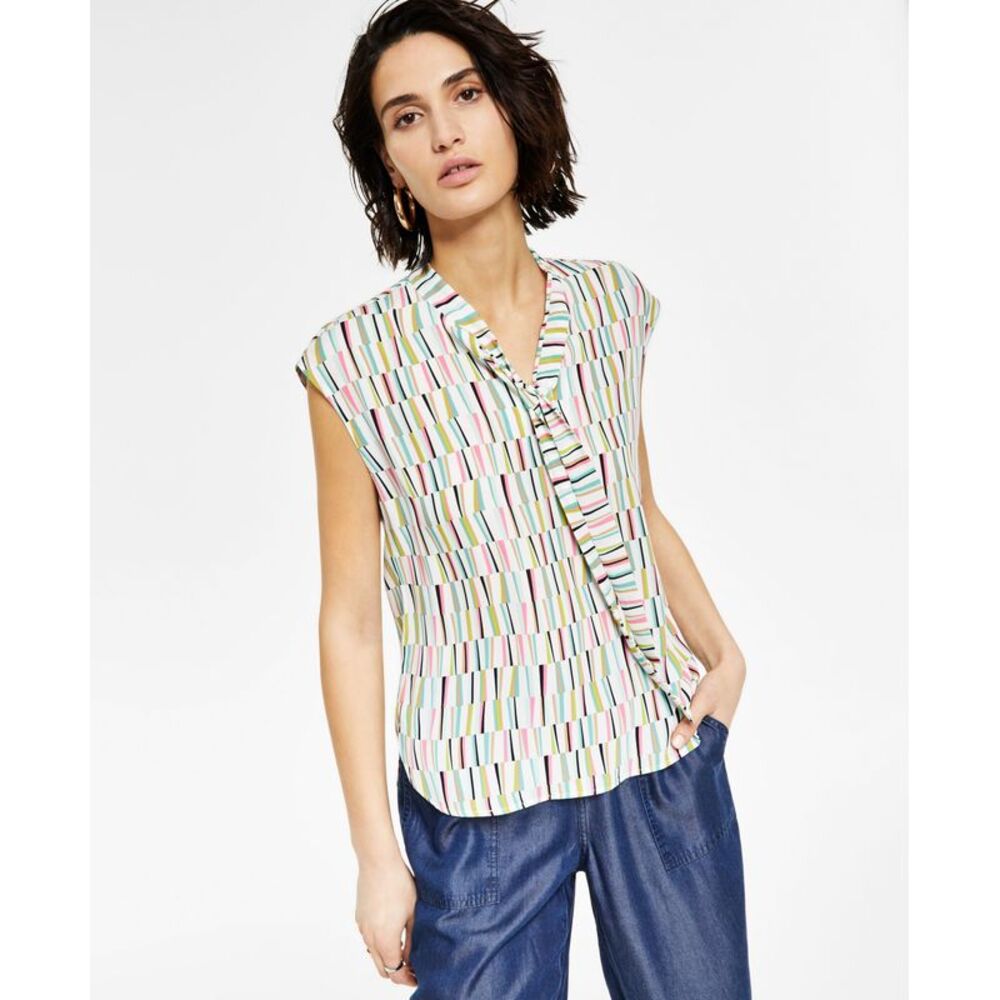 Bar III Womens Printed Tie-Neck Top